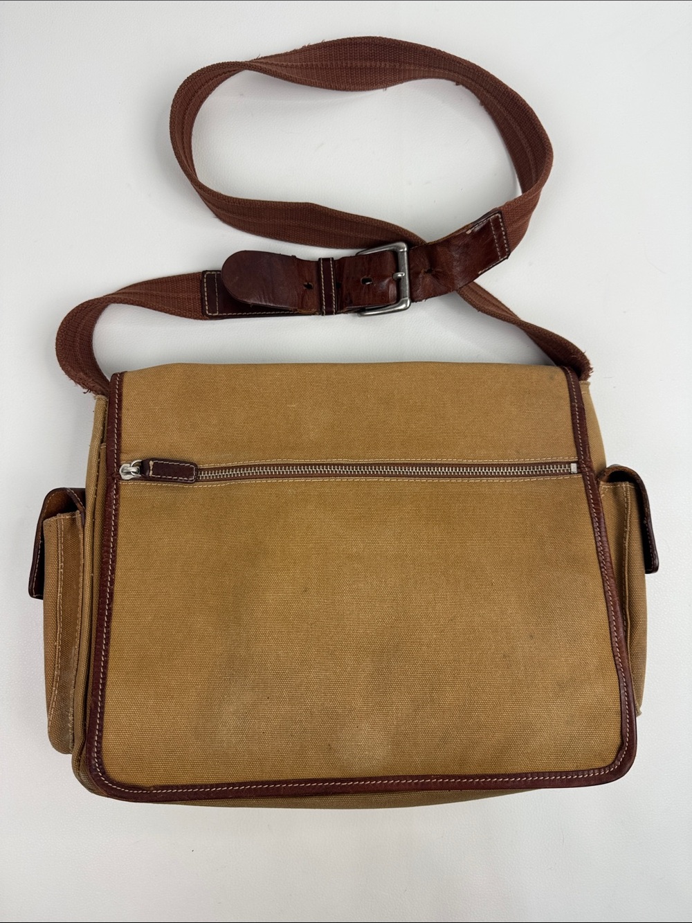 Vintage Fossil Tan Canvas Messenger crossbody Bag Brown Leather Trim Pockets